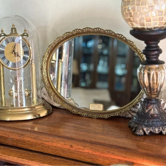 Vintage 1950s Gold Filigree Vanity Tray Wall Mirror Hollywood Regency